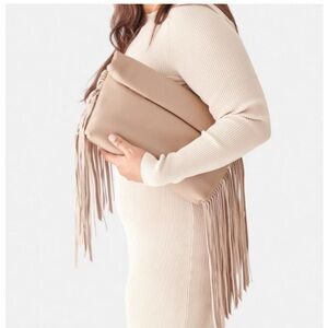NWT Dolce Vita Shea Soft Cafe Pebble Leather Oversized Clutch w Fringe